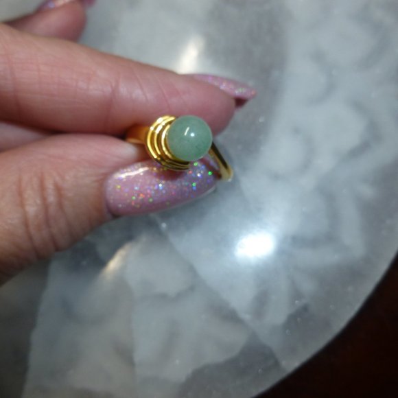 18k Yellow Gold EP Green Aventurine Dolphin Ore Ring - Picture 4 of 10